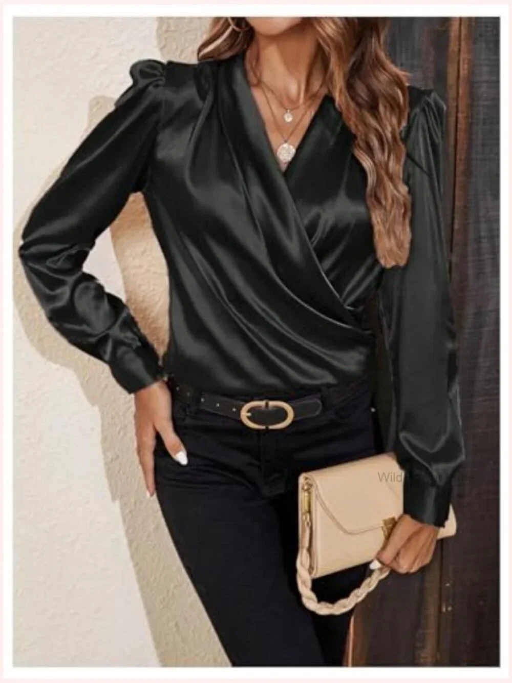 Women's Satin Silk V-Neck Wrap Blouse Long Sleeve Puff Sleeve Office Top - Picture 3 of 6